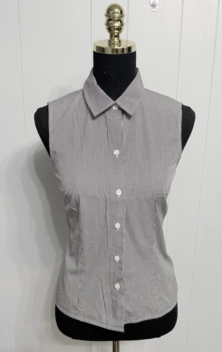 Ann Taylor Gingham Sleeveless Button Down Shirt Black White Cotton Size 6